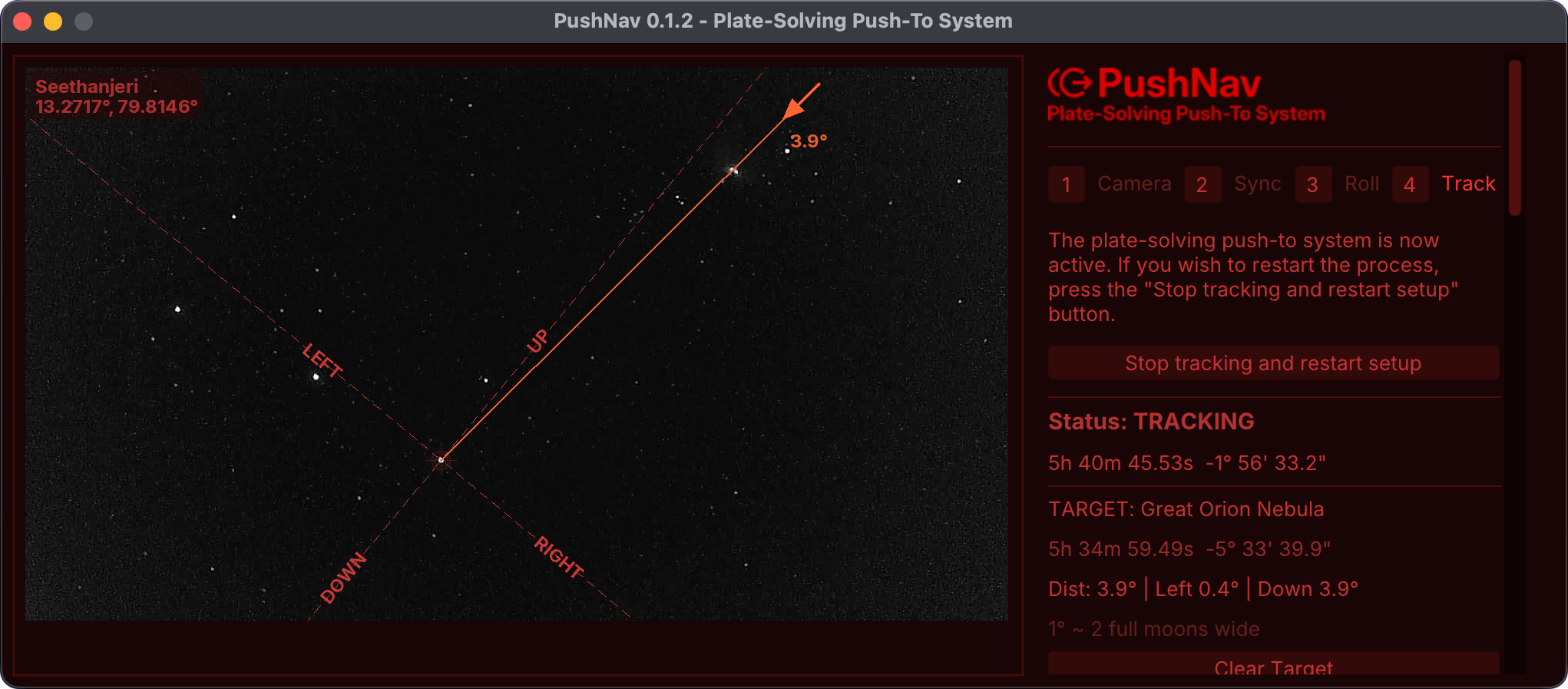 PushNav tracking the Great Orion Nebula