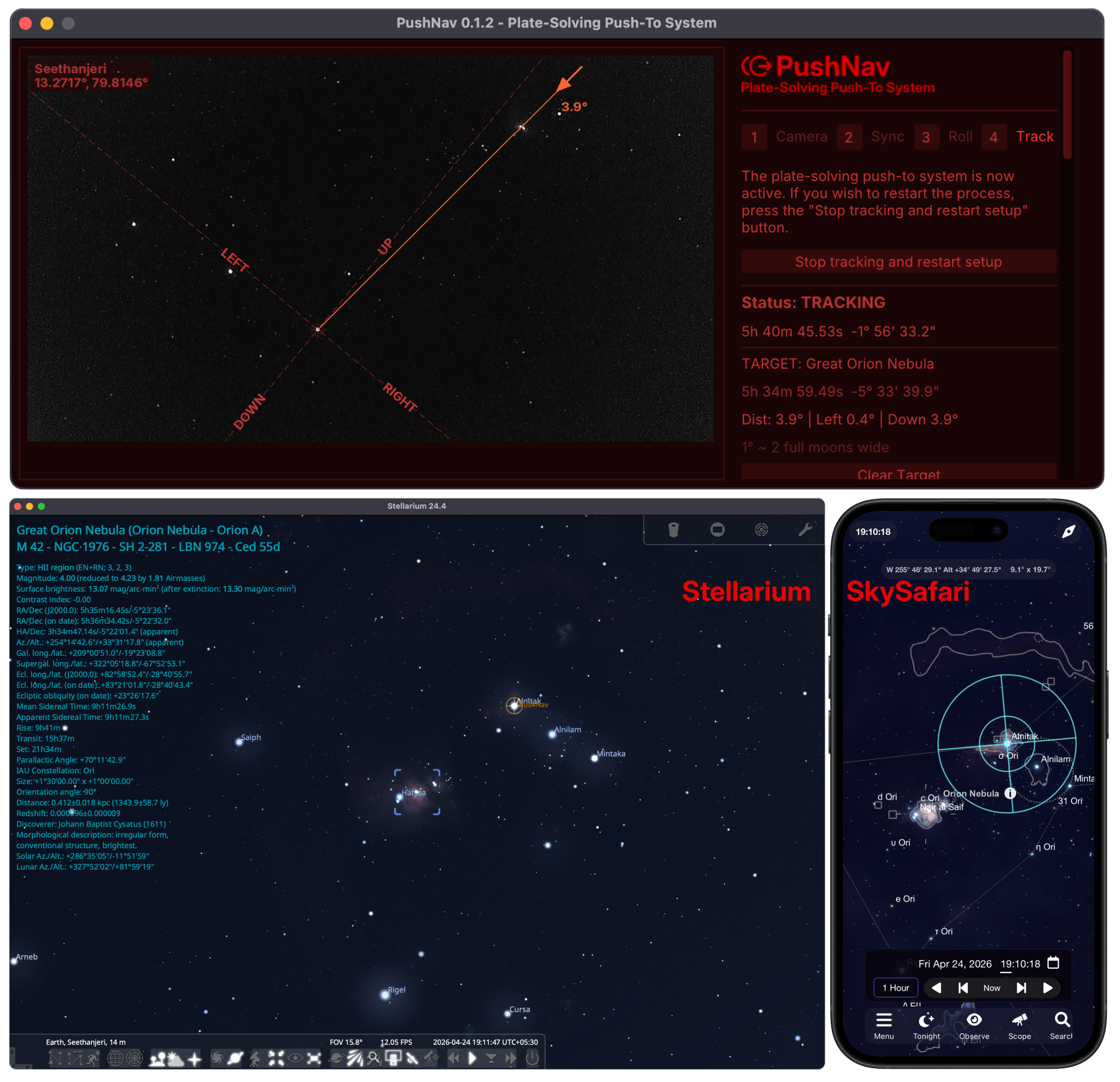 PushNav tracking M42 across Stellarium and SkySafari