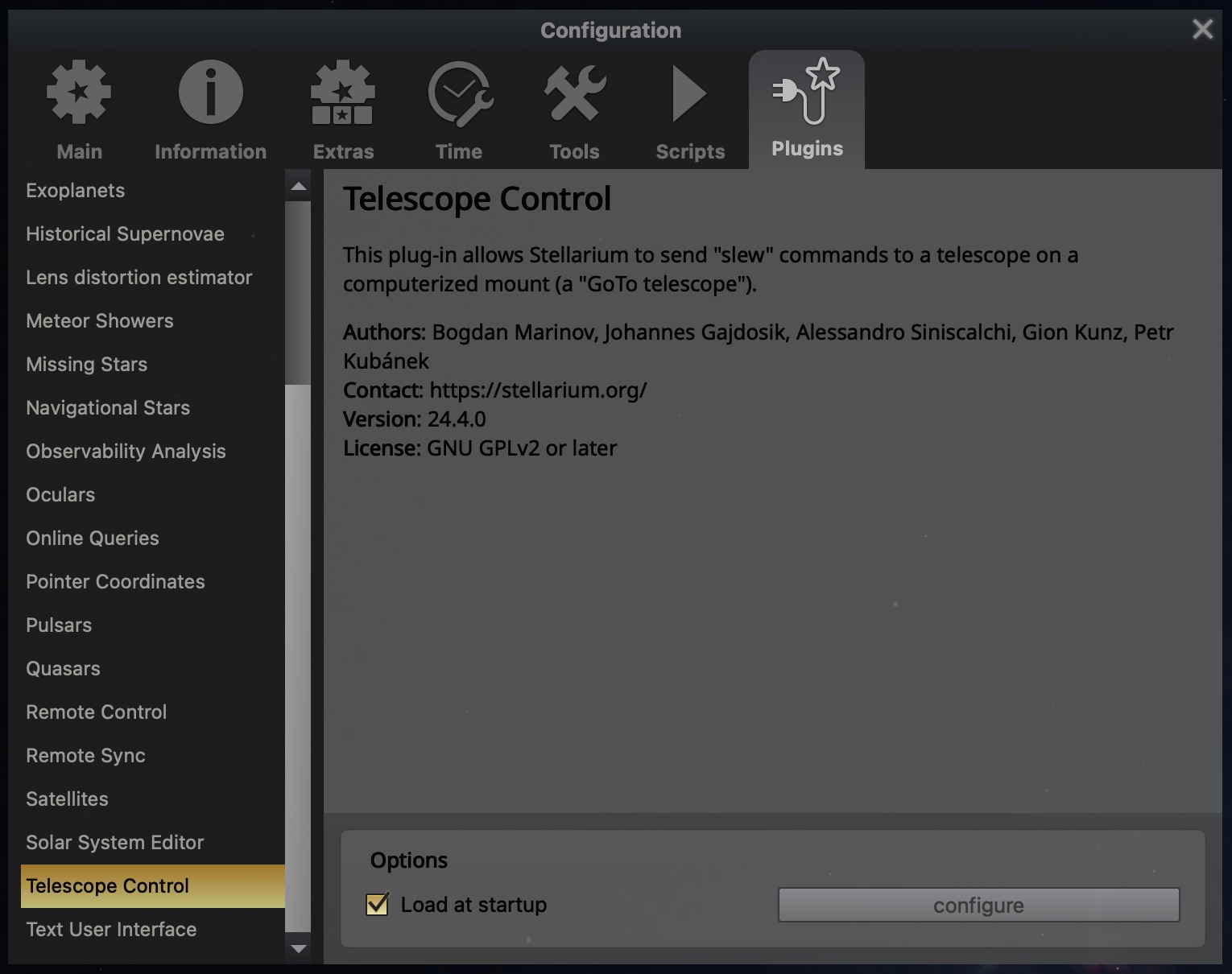 Enable the Telescope Control plugin in Stellarium