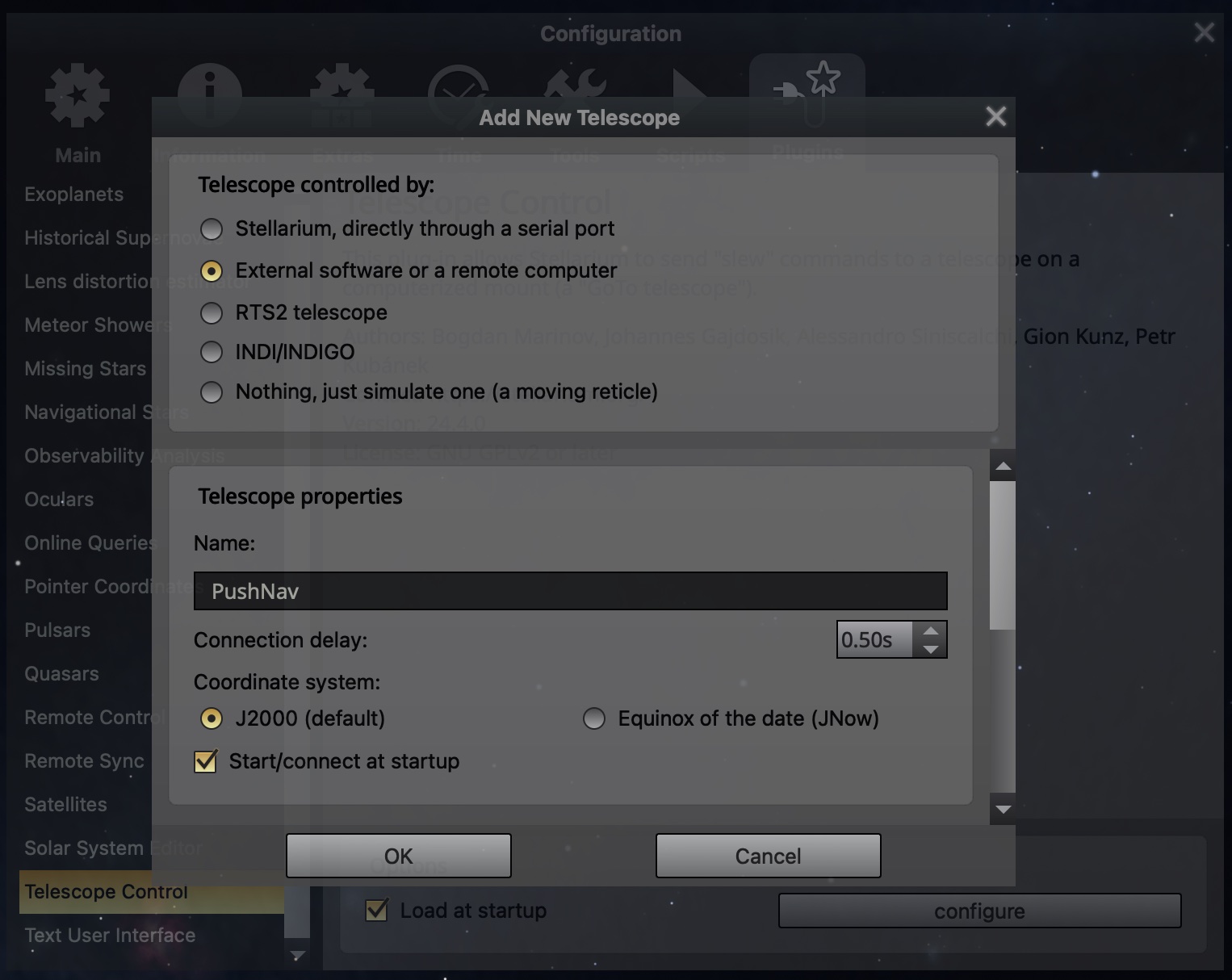 Add New Telescope dialog configured for PushNav